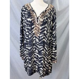 Soft Surroundings XL Tunic Top Black White Ikat Beaded Sequin Embellished V-Neck